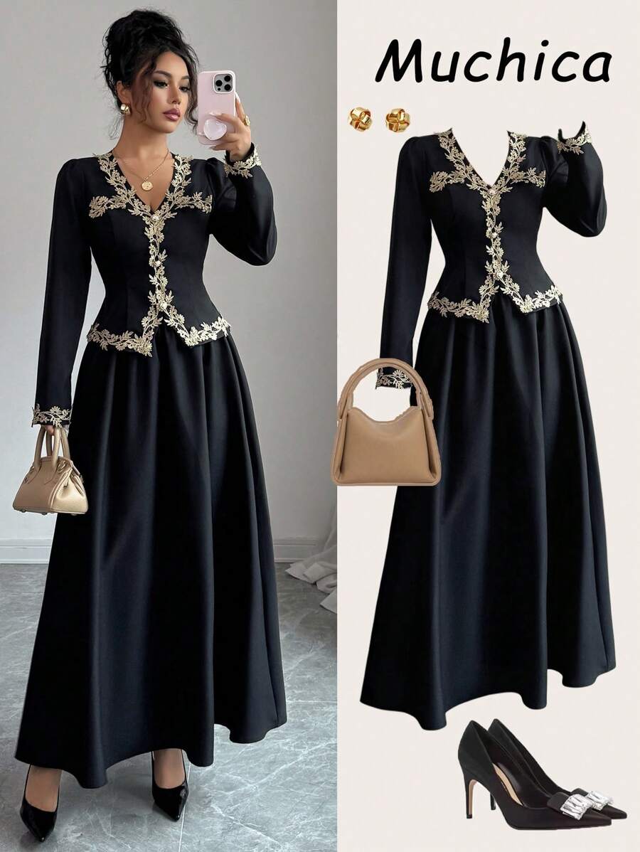 Elenzga 2-Piece Set For Women: V-Neck Long Sleeve Blouse With Contrast Ruffle Trim, Slim Fit; And Maxi Skirt, Elegant European Style, Suitable For Parties, Outings, Work, Music Festivals And More Occasions, Spring/Autumn Fall Cloth For Women - Black - View 1