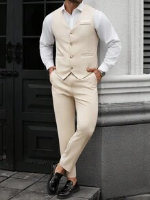 Manfinity Mode Men's Plus Size V-Neck Sleeveless Button Pull-Down Vest And Slim Fit Dress Pants Set - Apricot - View 3