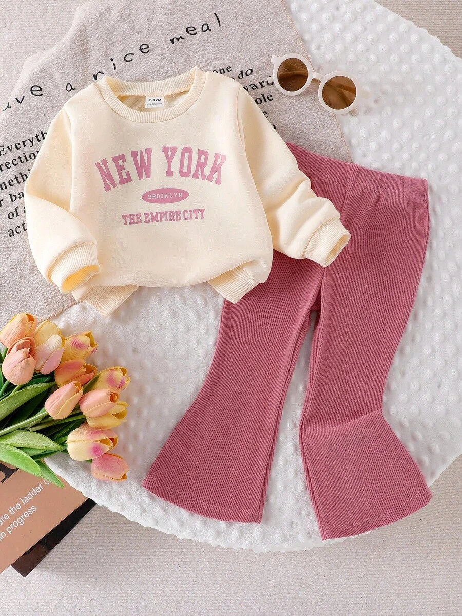 2pcs Baby/Toddler Letter Print Long Sleeve Top And Flare Pants Set, Apricot Top And Pink Pants, Cute And Comfortable Outfit For Spring/Autumn Fall Winter