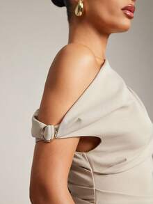 Hauture 女式不对称缀饰褶饰单肩垂坠上衣，女式日常上衣 - 卡其色 - 查看 2