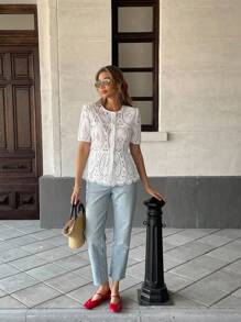 Pariaura Top de manga corta y corto con bordado floral para mujer, primavera/verano, bordado hueco - Blanco - Ver 5