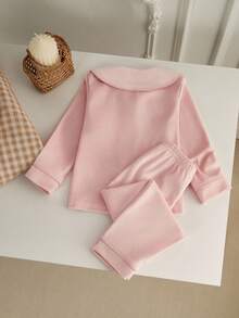 2 件女童可爱优雅猫咪刺绣蝴蝶结领开衫和裤子柔软羊毛休闲舒适睡衣套装 - 淺粉色 - 查看 2