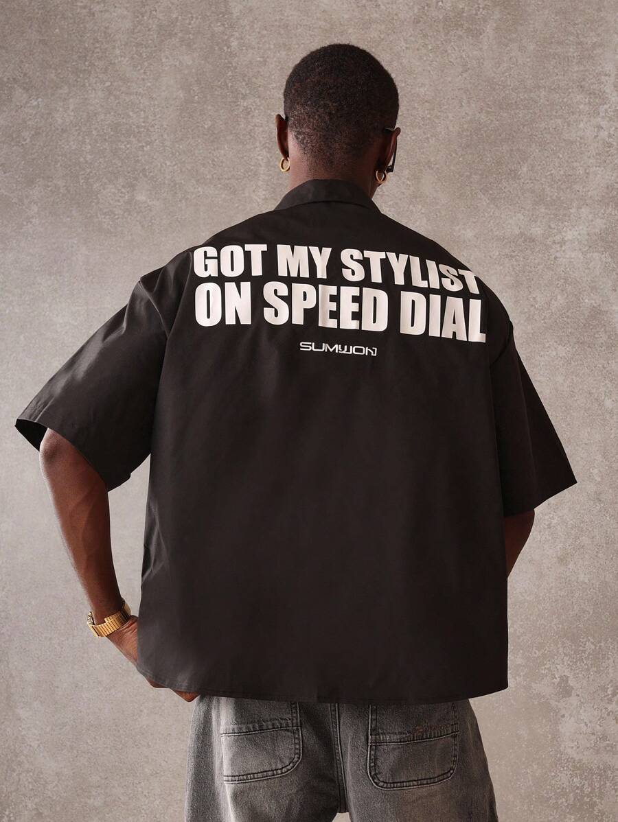 SUMWON Chemise de travail à manches courtes avec boutons, style créateur, streetwear, tenue de travail, décontractée, légère, été, printemps, graphiques personnalisés - Noir - Voir 1