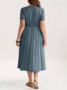 SHEIN LUNE Đầm dài tay ngắn cổ tròn cỡ lớn, eo rút, đầm thường ngày rộng rãi, trang phục giáo viên cho nữ, trang phục hòa nhạc đồng quê, quần áo cổ điển, trang phục học sinh nữ, váy midi đơn giản thường ngày màu trơn, váy chữ A, váy thường ngày, trang phục phong cách công sở quyến rũ, mặc hàng ngày, tiệc tùng cá nhân thanh lịch, đi làm, tối giản, mặc hàng ngày, đi làm, váy công sở tối giản, váy thanh lịch cho tiệc tùng, váy dự tiệc cho nữ, phù hợp cho mùa xuân/thu, kỳ nghỉ & hẹn hò, váy thiết yếu khi đi làm hàng ngày & ngoài trời - Màu xanh lam - Xem 3