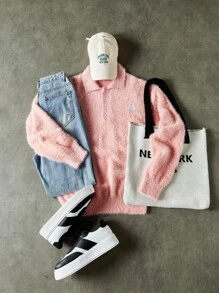 Manfinity Roghcode 男士休闲纯色针织粉色毛衣，秋冬返校季毛绒长袖上衣 - 粉色 - 查看 2