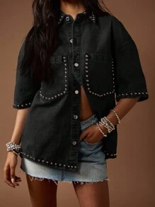 MISSGUIDED 铆钉牛仔纽扣衬衫西部风格超大金属装饰个性单品节日派对夜间外出摇滚时尚 - 黑色 - 查看 6