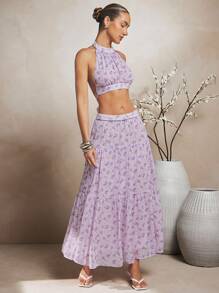 L'Amorae 女士紫色花卉印花优雅半身裙 - 淡紫色 - 查看 1