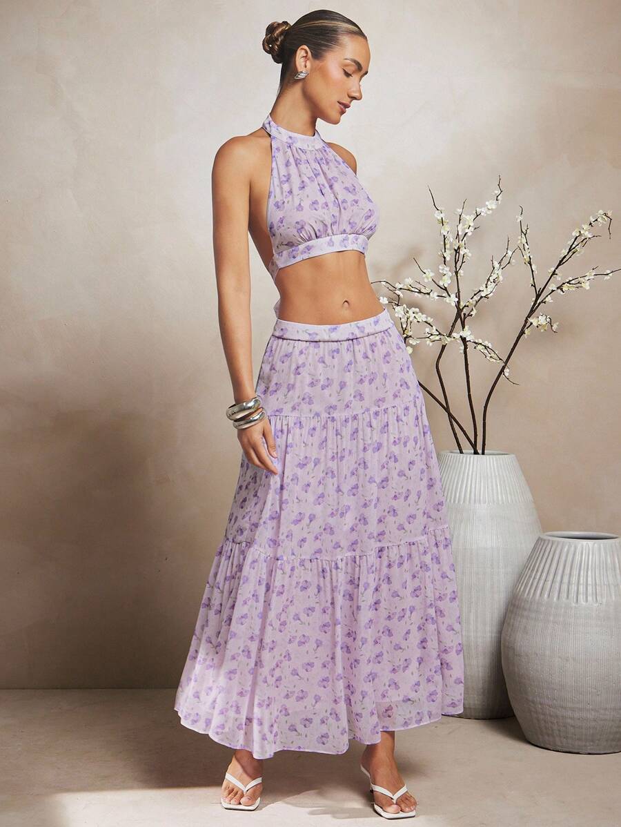 L'Amorae 女士紫色花卉印花优雅半身裙 - 淡紫色 - 查看 1
