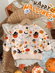 SHEIN 万圣节女婴休闲简约南瓜、幽灵、心形、骷髅、蝙蝠图案圆领套头衫，适合秋冬万圣节 - 彩色 - 查看 3