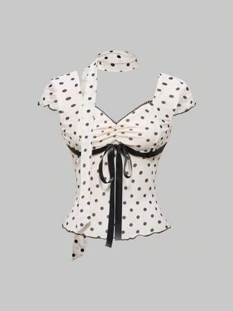 J-Fashion Women's Y2K Chest Ruched Cute Polka Dot Print Scarf T-Shirt