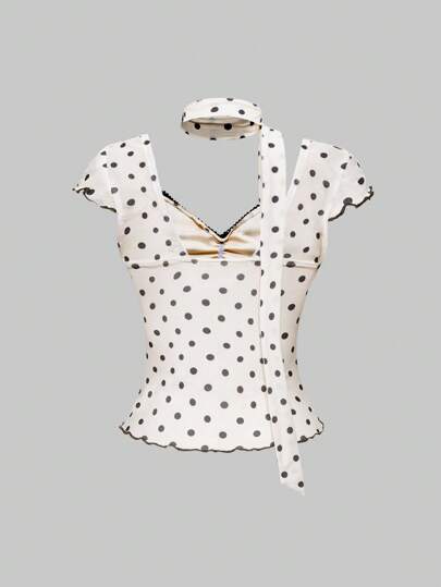 J-Fashion Women's Y2K Chest Ruched Cute Polka Dot Print Scarf T-Shirt