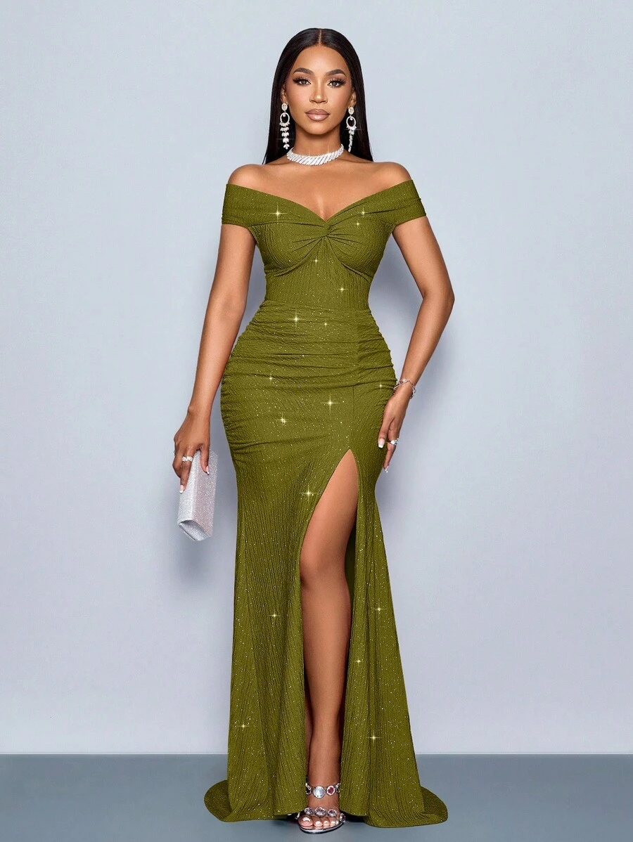 SOLERSUN 适合圣诞派对度假和约会优雅的勃艮第优雅扭曲露肩露背肩带高开叉美人鱼连衣裙，带有金属光泽的超长女士服装