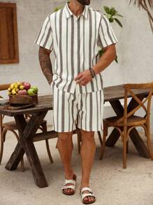 ResortEase Plus Size Men's Casual Striped Shirt And Shorts Set