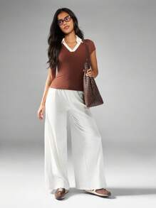 MISSGUIDED Retro Style Ribbed Knit Baby Tee Contrast Collar Short Sleeve Top Preppy Tennis Look V-Neck Fitted Y2K Fashion Basic Essential College Casual Daily Wear - Brown - View 3