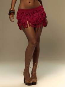 MUSERA 针织层叠毛边迷你毛衣裙，适合夏季、度假、节日、Y2K 伊比沙岛海滩假日狂欢冬季时尚 - 酒紅色 - 查看 2