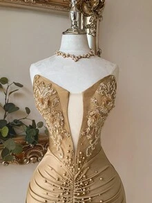 Lovelzi Bộ đồ bơi co giãn dệt kim sang trọng, thanh lịch và lộng lẫy với họa tiết đính cườm 3D tinh tế, đường xẻ tà gợi cảm, phù hợp cho đám cưới, tiệc độc thân, dạ hội, váy ngắn nữ (kiểu dáng cao cấp), ngày Valentine. - Màu Khaki - Xem 6