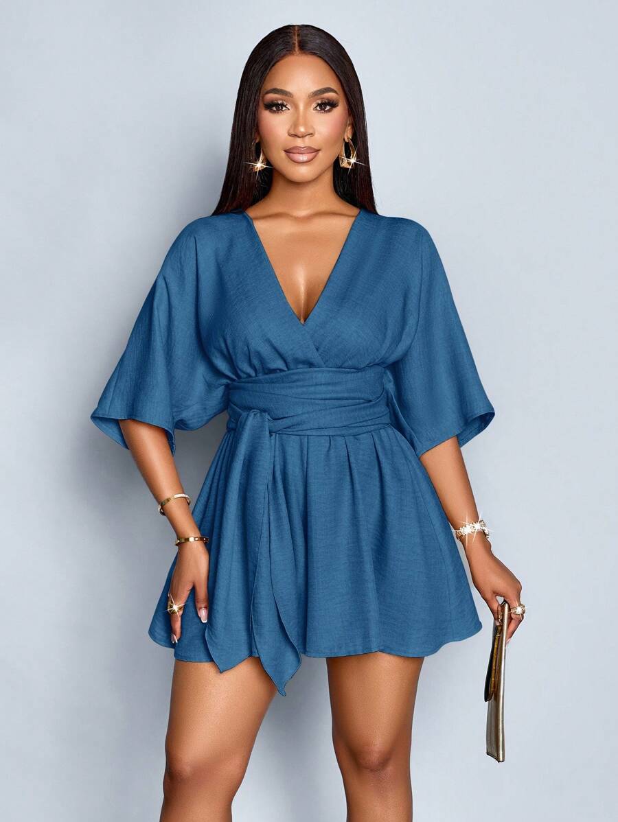 SOLERSUN Combinaison élégante pour femmes avec col en V profond, taille cintrée, nœud devant, manches chauve-souris et taille froncée. Convient pour les vacances et les tenues quotidiennes