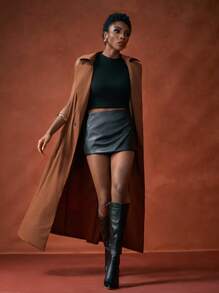 Zivah 2025秋冬新品，音乐节，毕业季，学院风，学生装，日常休闲，百搭百搭，休闲，沙滩，街头风，通勤优雅，翻领无袖长款系带风衣外套，棕色 - 棕色 - 查看 6