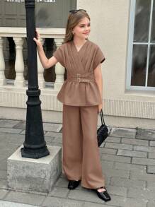 SHEIN Stylish Khaki Belted Pants And V-Neck Batwing Sleeve Blouse For Casual Wear Teen Girl Brown Set Tween Girl Wide Leg Pants And Peplum Top Two Piece Set, Back To School Clothes Girls