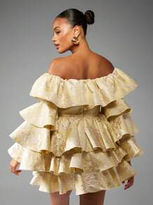 MISSGUIDED Off Shoulder Ruffle Mini Dress Jacquard Brocade Special Occasion Wedding Guest Puff Sleeve Tiered Layered Party Holiday Celebration Reception Glamorous Statement Dress - Multicolor - View 2