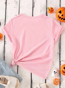 万圣节幼儿女童休闲时尚创意卡通可爱南瓜、蝴蝶结、花朵、鬼魂、妖精图案印花短袖 T 恤，节日主题休闲 T 恤 - 粉色 - 查看 2