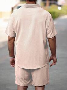 Manfinity Homme Plus Size Men's Solid Color Short Sleeve Shirt And Shorts Set - Baby Pink - View 2