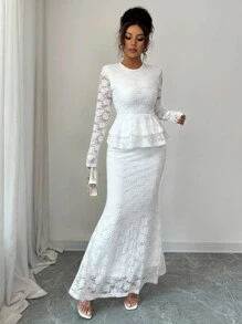 Elenzga 女士优雅秋季圆领长袖收腰 A 字纯色蕾丝网眼刺绣镂空花卉上衣和紧身美人鱼裙 2 件套，适合约会 - 白色 - 查看 4