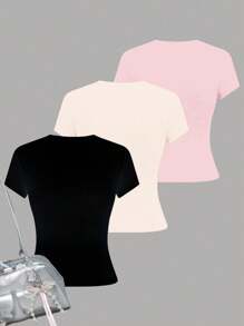 SHEIN Bộ 3 áo thun dài tay cổ tròn, tay lỡ, màu kem trắng, hồng kem, tối màu, trang trí nơ tối giản, thoải mái, mùa hè, dễ chịu, nhiều lớp quần áo mùa thu cho trẻ em, trẻ em sành điệu, trang phục thường ngày, quần áo họa tiết trẻ em, trở lại trường, quần áo mùa thu, tiệc chào đón - Nhiều màu - Xem 2