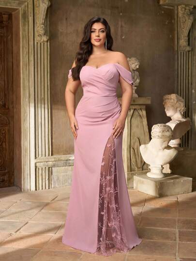 Aureia Plus Size Autumn Elegant Romantic Lotus Pink Woven Off Shoulder Gathered Hanging Sleeves Pleated Patchwork Mesh Embroidery 3D Three-Dimensional Flower Fake Slit Design Micro Fishtail Hem Suitable For Dinner Bachelorette Party Date Holiday Dance Music Festival Wedding Event Bridesmaid Dress, Valentine's Day