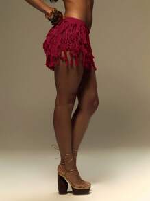 MUSERA 针织层叠毛边迷你毛衣裙，适合夏季、度假、节日、Y2K 伊比沙岛海滩假日狂欢冬季时尚 - 酒紅色 - 查看 3