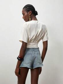 Lumivelle Women V-Neck Short Sleeve Ruffle Hem Fitted Crop Blouse