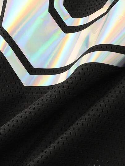 Prep Camiseta deportiva de manga corta con estampado láser y parches de malla para hombres, jersey atlético