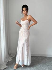 Rafferiza Elegant Women's Full Lace White Summer Dress,Fishtail Clashing Hem Design Wedding Guest Dress With Flesh Lining For Dining - White - View 4