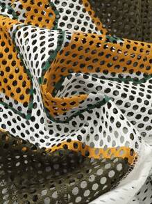 ROMWE MEN Prep 男士网眼拼布字母印花短袖运动T恤和抽绳腰短裤套装 - 墨綠色 - 查看 4