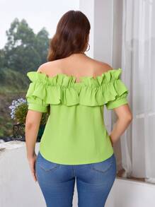 SHEIN Privé Plus Size Women's Elegant High Street Solid Color Voluminous 3D Ruffle Off Shoulder Cinched Waist Slim Fit Short Sleeve Cardigan Shirt, Suitable For Music Festivals, Weddings, And Formal Occasions - Green - View 2