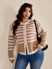 Elaquor 秋冬大码休闲拼色条纹开衫 - 杏色 - 查看 3
