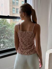 CovetEZ 女士碎花吊带背心，正面带纽扣，休闲修身款 - 紅色 - 查看 6