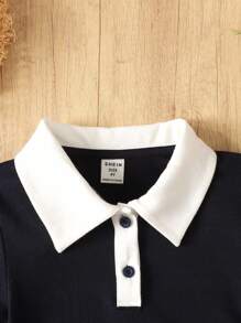 Váy chữ A tay ngắn họa tiết nơ xếp ly cổ màu tương phản phong cách thường ngày cho bé gái, trang phục trở lại trường - Màu xanh hải quân - Xem 4