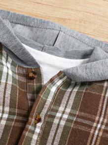 SHEIN Playful Pals 2 件套男童格子连帽夹克和运动裤套装，春秋季幼儿格子男童格子夹克 - 棕色 - 查看 5