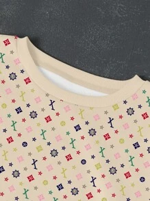 Manfinity Dauomo 男士全身印花长袖休闲套头圆领运动衫，秋季 - 卡其色 - 查看 3