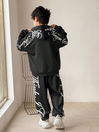 Set de sudadera con capucha con gráfico de letras casual y pantalones negros para niño preadolescente, adecuado para otoño/invierno, tiempo libre, exterior, escuela, fiesta