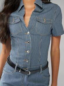 MISSGUIDED Pinstripe Denim Mini Dress Button Down Collared Short Sleeve Western Utility Style Fitted Bodycon Summer Fashion Retro Y2K Streetwear
