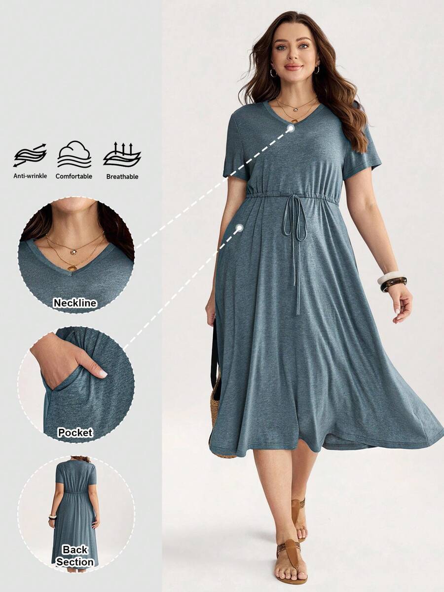 SHEIN LUNE Đầm dài tay ngắn cổ tròn cỡ lớn, eo rút, đầm thường ngày rộng rãi, trang phục giáo viên cho nữ, trang phục hòa nhạc đồng quê, quần áo cổ điển, trang phục học sinh nữ, váy midi đơn giản thường ngày màu trơn, váy chữ A, váy thường ngày, trang phục phong cách công sở quyến rũ, mặc hàng ngày, tiệc tùng cá nhân thanh lịch, đi làm, tối giản, mặc hàng ngày, đi làm, váy công sở tối giản, váy thanh lịch cho tiệc tùng, váy dự tiệc cho nữ, phù hợp cho mùa xuân/thu, kỳ nghỉ & hẹn hò, váy thiết yếu khi đi làm hàng ngày & ngoài trời
