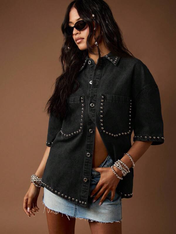 MISSGUIDED Studded Denim Button Down Shirt Western Style Oversized Metallic Embellished Statement Piece Festival Party Night Out Rocker Chic