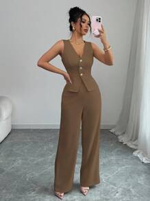 SHEIN Tall Women's Business Chic Sleeveless Blazer Vest & Pants Suit Set, Summer Commuting Old Money Style