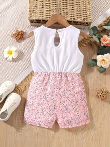 SHEIN Vintaside Kids Young Girl Ditsy Floral & Heart Print Belted Romper Summer Holiday - Multicolor - View 2