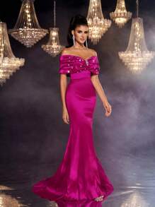 Glamrae Váy dài chấm đất, eo cao, viền đuôi cá, cổ tim, thắt nơ lớn, đính pha lê thủ công màu tím thanh lịch và tinh tế, thích hợp cho các buổi hẹn hò, tiệc độc thân, đám cưới, sự kiện trang trọng - Màu Hồng Tươi - Xem 9