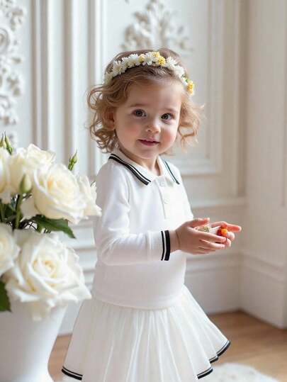 Souflis Souflis 2 delar set i fransk stil för babyflicka, fleece pikétröja + manchesterkjol i plisserad färg, höstens nya vit klänning för babyflicka, vit klänning för skolstart, vit skjorta för babyflicka