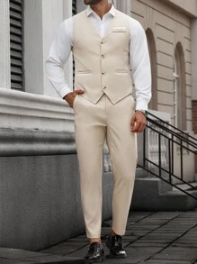 Manfinity Mode Men's Plus Size V-Neck Sleeveless Button Pull-Down Vest And Slim Fit Dress Pants Set - Apricot - View 1