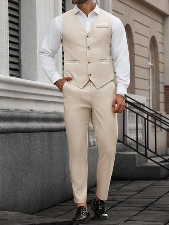 Manfinity Mode Men's Plus Size V-Neck Sleeveless Button Pull-Down Vest And Slim Fit Dress Pants Set